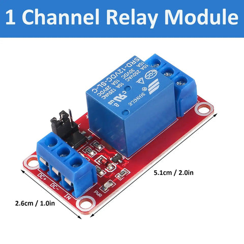 Ten Pack 5V Relay Module With Optocoupler Isolation One Channel Switch Board showing size dimensions