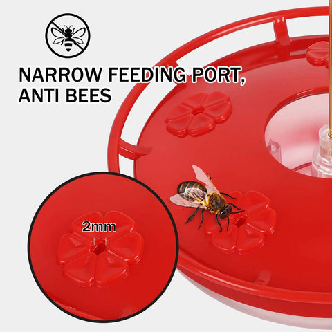 Close-up of red hummingbird feeder showing bee-proof narrow feeding port and decorative flower design, featuring 2mm port.