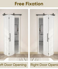 Top Shelf Two Panel Bifold Barn Door In Crisp White Primer Coating Measuring 36 By 84 Inches shown in left and right openings.