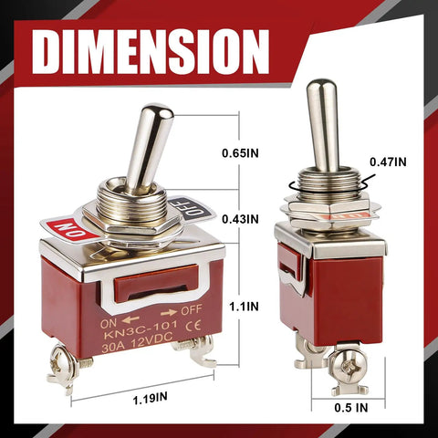Waterproof 12V 30A SPST Toggle Switch 2 Pin On Off dimension illustration with metal design and size measurements