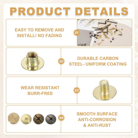 Top Tier Brass Chicago Screw Rivets M4x25mm Phillips Head Studs For DIY Leather Belts Bags Wallets 10 Pack Set showing detailed fastener features.