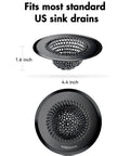 Zero Hassle Kitchen Sink Drain Strainer Featuring A Patent Flip Bottom Design And Sleek Black Chain Mesh Basket, 4.4 inch diameter.