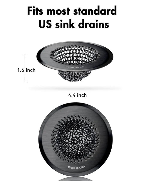Zero Hassle Kitchen Sink Drain Strainer Featuring A Patent Flip Bottom Design And Sleek Black Chain Mesh Basket, 4.4 inch diameter.