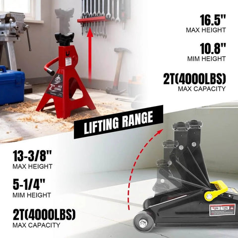 2 Ton Hydraulic Floor Jack With Two Jack Stands Red And Black 4000 Lbs Capacity Trolley Service Jack Combo For Your Garage Or Home Shop Workhorse Lifts With Height Chart