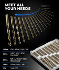 108 Piece Cobalt Drill Bit Set for Hardened Metals and More with plastic index case and various bit sizes displayed.