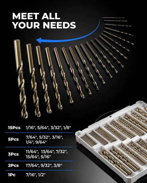108 Piece Cobalt Drill Bit Set for Hardened Metals and More with plastic index case and various bit sizes displayed.