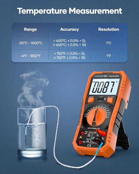 6000 Counts TRMS Digital Multimeter with NCV and auto ranging measuring temperature in boiling water