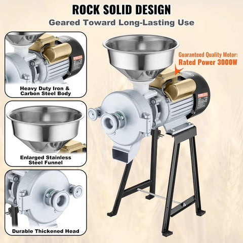 Electric Grain Mill Grinder 3000W 2 In 1 Wet And Dry Grinding with funnel feeder and stainless steel body on stand