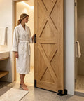 Woman in a robe using the Heavy Duty Sliding Barn Door Guide With Adjustable Bottom Floor Track Hardware in a modern bathroom.