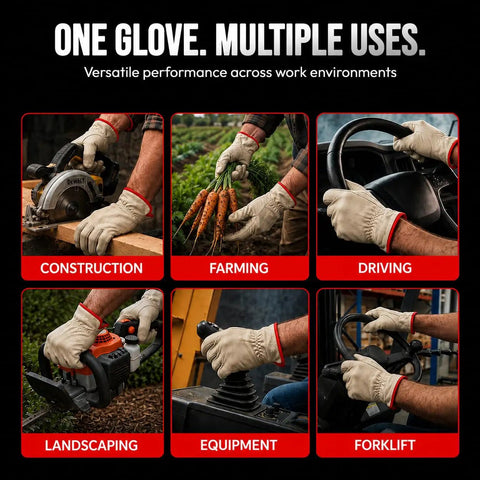Beefy Leather Work Gloves 12 Pairs Sold By The Dozen, Split Cowhide With Keystone Thumb, showing multiple uses for different tasks.