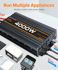 Badass 4000W Power Inverter Switching 12V DC To 110V AC With Modified Sine Wave Action, shown with various appliances.