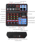 Top view of Five Channel DJ Mixer With Bluetooth USB Audio Interface And 48V Phantom Power FX Reverb And Delay Effects showing input jacks and knobs