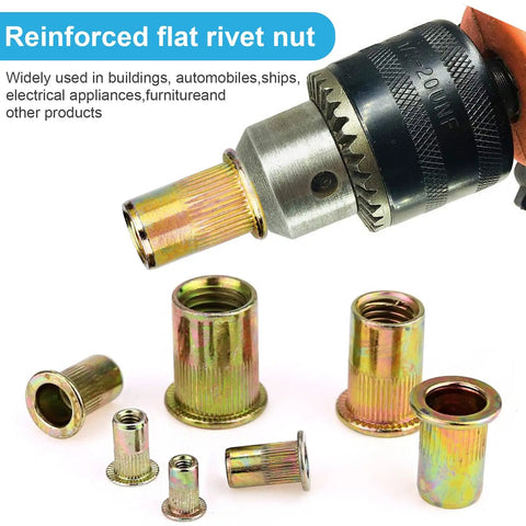 M6 Rivet Nuts Kit 100 Pieces Carbon Steel Flat Head Rivnut Threaded Inserts With Knurled Body Zinc Plated For Rust Resistance