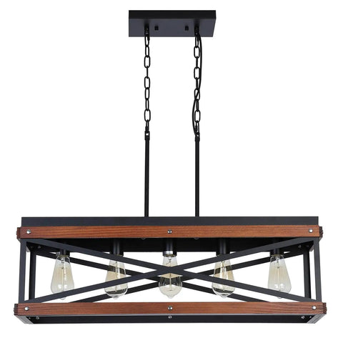 Dope Industrial Rustic Wood And Metal Linear Pendant Chandelier With Five Lights For Kitchen Island Dining Room And Living Room Black Finish