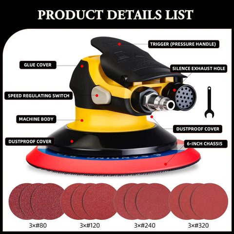 Low Noise 6 Inch DA Sander For Auto Body, Lightweight Dual Action Pneumatic Orbital Sander With Noise Reduction Design, High Speed 12000-13000 RPM At 0.8 MPa, Ergonomic Grip, Includes 12 Sandpapers For Quick Finishing