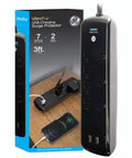 7-Outlet Surge Protector With 2 USB Ports, 3 Ft Flat-Plug Extension Cord, 1780-Joule Protection, 2.1A Fast USB Charging, Black