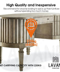 Elegant metallic console table with ribbed design and 220kg weight capacity badge, branded Lavane Furniture.