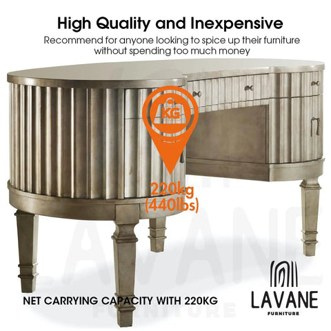 Elegant metallic console table with ribbed design and 220kg weight capacity badge, branded Lavane Furniture.