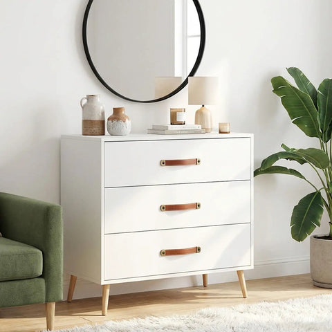 White dresser with Leather Drawer Pulls Set With Brown PU Leather Straps, includes 4 mounting screws, in modern room decor.