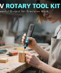 Ready To Rock 101 Piece Mini Cordless Rotary Tool Kit Featuring 4V High Torque Motor With Five Speed Settings And Hard Shell Case For Jewelry Crafting Wood Carving And Polishing Tasks That Handle Detail Work On The Fly in use by a person crafting wood.