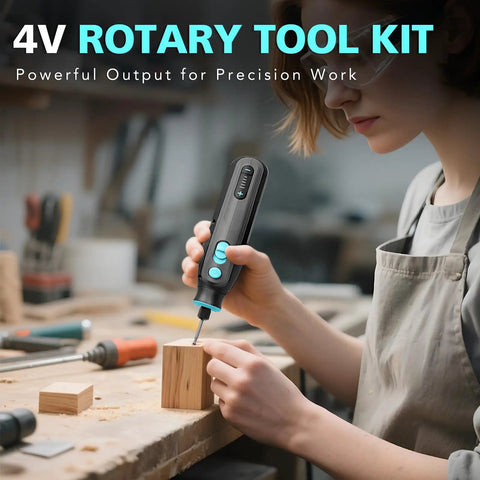 Ready To Rock 101 Piece Mini Cordless Rotary Tool Kit Featuring 4V High Torque Motor With Five Speed Settings And Hard Shell Case For Jewelry Crafting Wood Carving And Polishing Tasks That Handle Detail Work On The Fly in use by a person crafting wood.