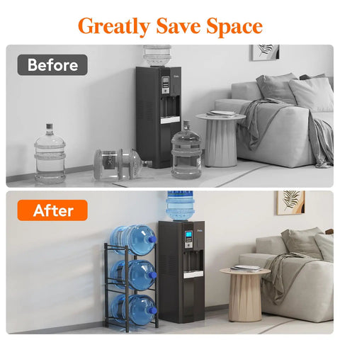 Beefy Three Tier Water Jug Organizer Rack Holds 5 Gallon Bottles Hassle Free Heavy Duty Dispenser Stand With Wobble Proof Base Straight Up Kitchen Pantry Storage Game Changer Solution