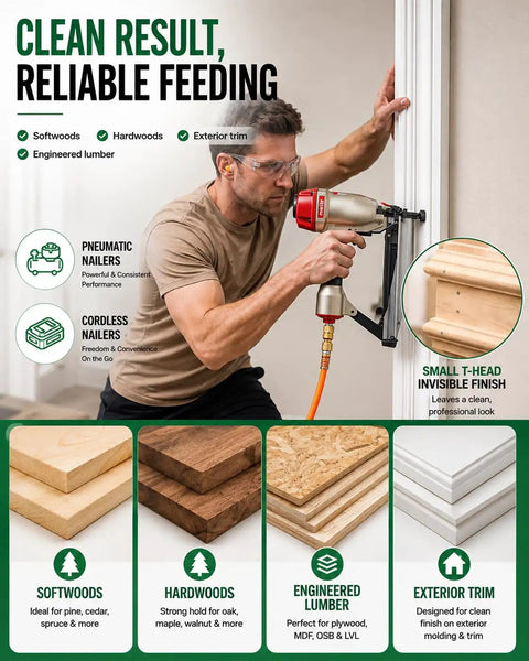 Man using Pro Trade 16 Gauge Finish Nails 2-1/2 Inch Galvanized Straight T Head Design for trim work and custom woodworking.