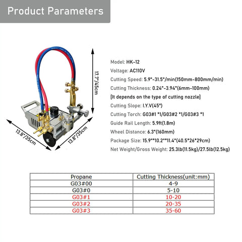 Shop Ready Heavy Duty Dual Track Gas Flame Cutter With Two Six Foot Guide Rails and Solid Grip for Easy 45 Degree Bevel. Product parameters image.