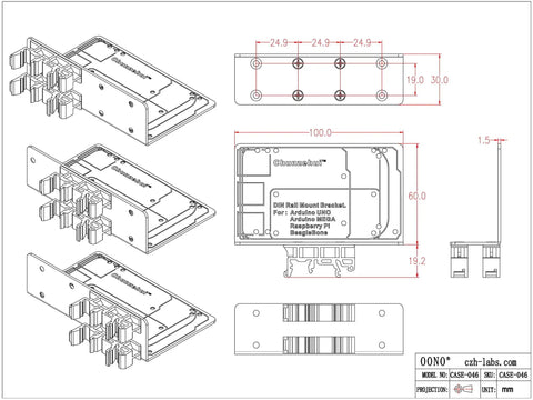 Rack Mount Bracket For Raspberry Pi And Arduino In Industrial Control Systems Fits Pi 1 A Plus B Plus 2 B 3 B 3 B Plus 4 B Zero W Pi 5 Uno Mega 2560 R2 R3 R4 BeagleBone, 1.5 mm aluminum DIN rail mount drawing