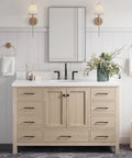Straight Up Premium 55 Inch Single Sink Bathroom Vanity Built From Real American White Oak Solid Wood Cabinet Featuring Knockout Pure White Quartz Countertop With Slick 1.5 Inch Mitered Edge And Full Backsplash, showcasing soft-close doors and decorative vase.