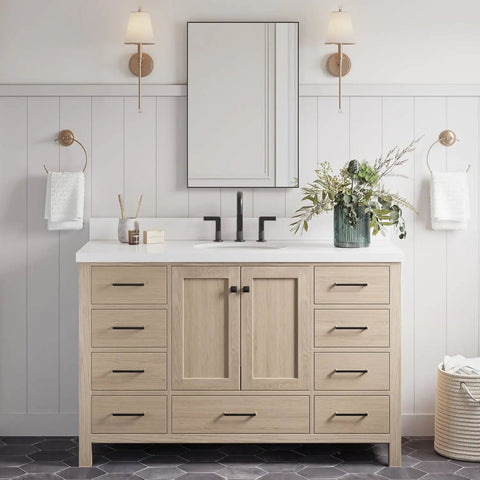 Straight Up Premium 55 Inch Single Sink Bathroom Vanity Built From Real American White Oak Solid Wood Cabinet Featuring Knockout Pure White Quartz Countertop With Slick 1.5 Inch Mitered Edge And Full Backsplash, showcasing soft-close doors and decorative vase.