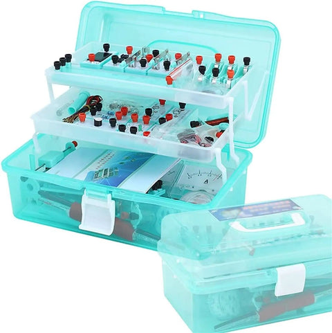 Electromagnet Kit For Physics Lab Projects With Complete Circuits Hands On Electricity And Magnetism Experiments For High School Classrooms And Science Labs in a turquoise storage box with components organized inside.