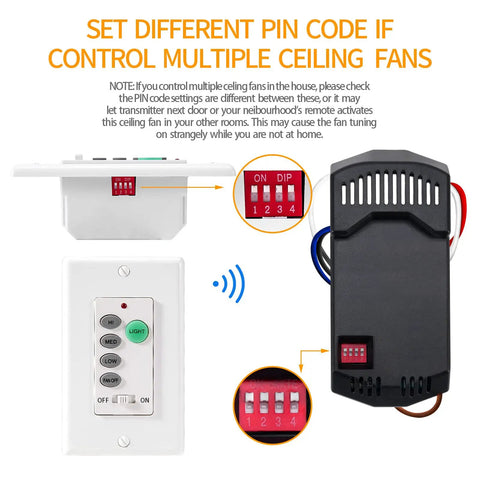 Universal Ceiling Fan Remote Control Replacement for Harbor Breeze, Hampton Bay, Hunter, Westinghouse UC9050T with wall switch, DIP switches.