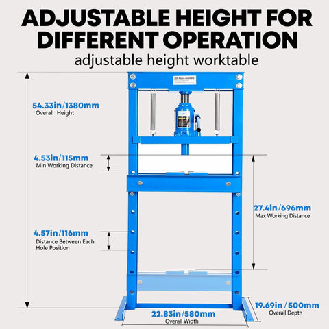 Top Shelf 20 Ton Heavy Duty Hydraulic H Frame Shop Press With Adjustable Height Bed And Stamping Plates Built Different For Auto Repair Garage Metalworking Bearing Removal adjustable height worktable dimensions