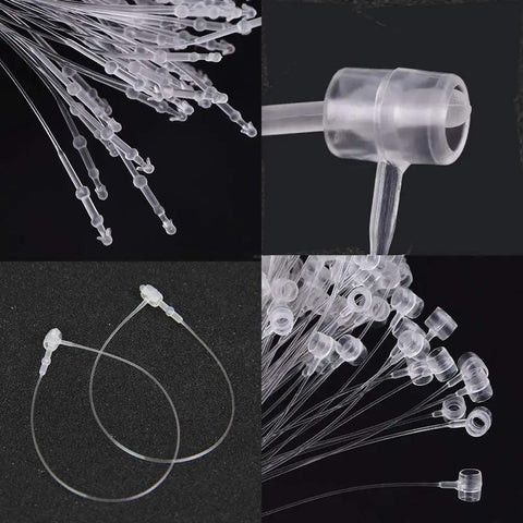 1000 Pc Clear 9 Inch Plastic Hang Tag Fasteners No Sweat Quick Snap Lock Security Loops Straight Setup For Clothing Accessories And Retail Merchandise Presentation, bulk clear loops displayed.