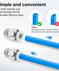 Push To Connect Fittings 1 Quarter Inch Tube OD To 10-32 UNF Male Straight Union Copper Quick Connect Pneumatic Fittings For Semi Trucks And Big Rigs Air Brake System White 10 Pack showing easy assembly with blue tubing