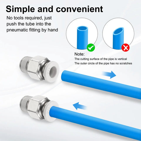 Push To Connect Fittings 1 Quarter Inch Tube OD To 10-32 UNF Male Straight Union Copper Quick Connect Pneumatic Fittings For Semi Trucks And Big Rigs Air Brake System White 10 Pack showing easy assembly with blue tubing
