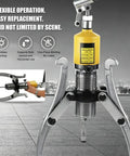 Hella Durable Hydraulic Gear Puller Set With Hand Pump 50 Ton showing yellow pump and steel jaws for extracting parts.