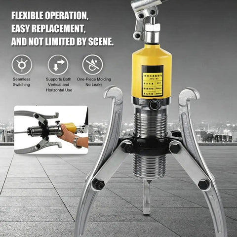 Hella Durable Hydraulic Gear Puller Set With Hand Pump 50 Ton showing yellow pump and steel jaws for extracting parts.