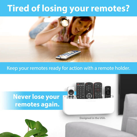No Drill Remote Holder For 5 Or 6 Remotes, Easy Adhesive Wall Mount; woman reaching for remote, white holder with remotes on wall