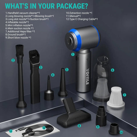 Package contents of 2 In 1 Mini Car Vacuum And Air Duster Wireless Handheld Vacuum With Blower Function Brushless Motor 27000 Pa Powerful Suction 9000 mAh Battery Long Life Portable For Car Office And Home