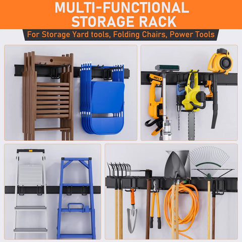 Garage Tool Organizer Wall Mount Kit, 48 Inch Heavy Duty Storage Rack with 3 Rails and 6 Adjustable Hooks holding tools and ladders