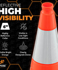 Heavy Duty 28 Inch Orange Traffic Cones With 6 Inch Collar, 4 Pack, Rugged PVC Safety Markers, reflective collar, high visibility