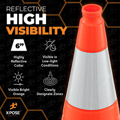 Heavy Duty 28 Inch Orange Traffic Cones With 6 Inch Collar, 4 Pack, Rugged PVC Safety Markers, reflective collar, high visibility