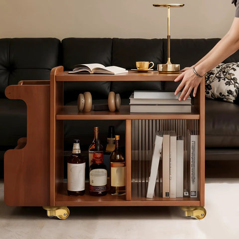 Wooden trolley with books and bottles on 4 Piece Brass Stem Furniture Casters Set With Universal 360 Degree Swivel Wheels