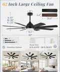 Diagram of Huge 62 Inch Ceiling Fan With Lights Remote Control Black Modern Farmhouse Indoor Outdoor 8 Dual Finish Blades
