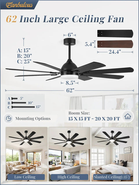Diagram of Huge 62 Inch Ceiling Fan With Lights Remote Control Black Modern Farmhouse Indoor Outdoor 8 Dual Finish Blades