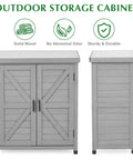 Outdoor Storage Cabinet And Potting Bench With Metal Top For Garden Workstation, Cedar Wood Patio Furniture In Classic Grey, showing front and side view.