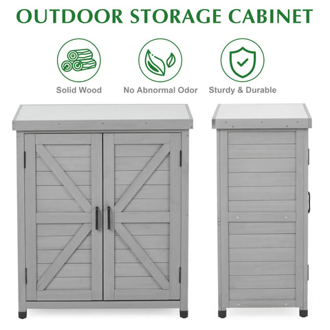 Outdoor Storage Cabinet And Potting Bench With Metal Top For Garden Workstation, Cedar Wood Patio Furniture In Classic Grey, showing front and side view.