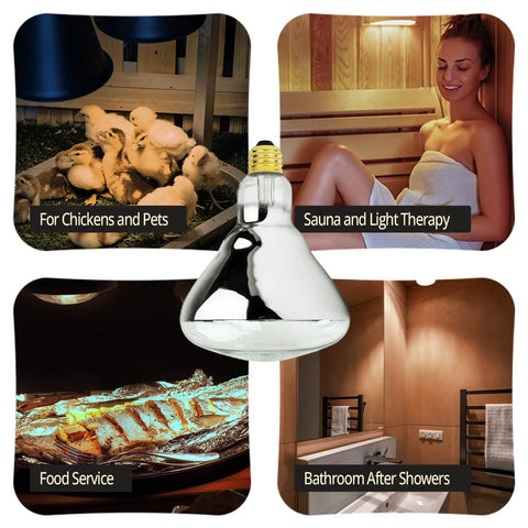 Uses of 250 Watt Red Infrared R40 Heat Lamp Bulb For Bathroom Showers, food service, saunas, and pet care